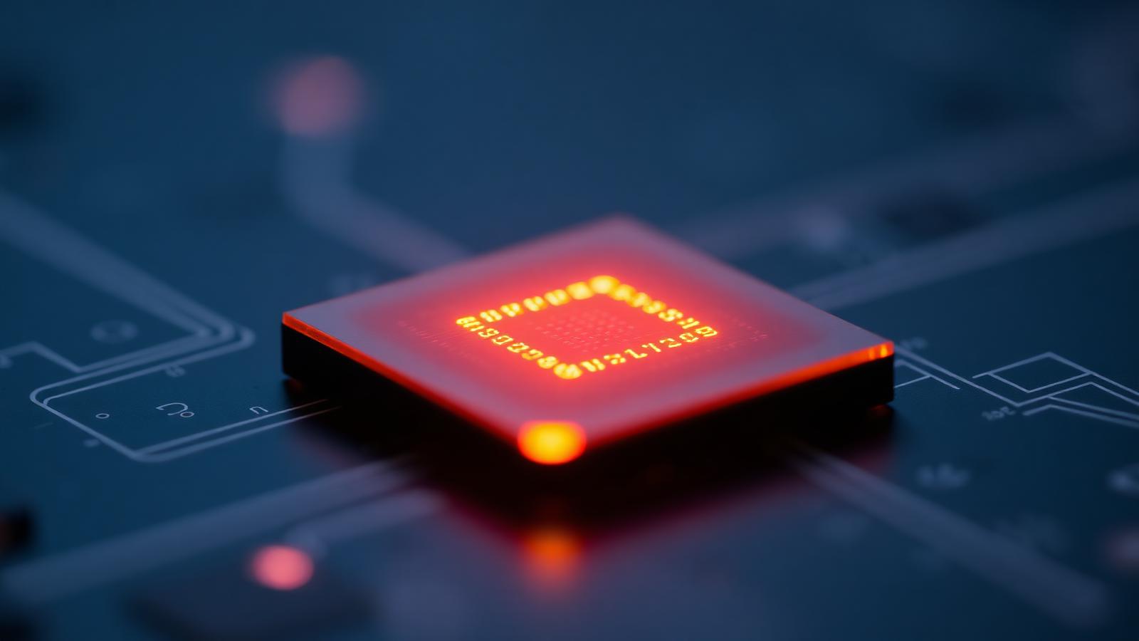 Macro photograph of a glowing processor on a circuit board