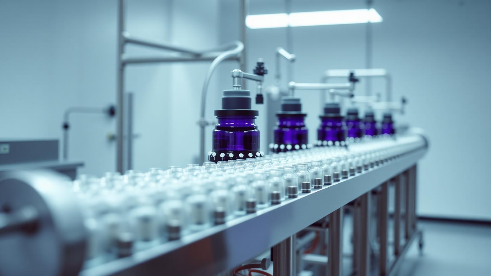 Stainless steel supplement bottling line inside a clean manufacturing facility